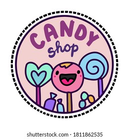 Candy shop hand drawn vector illustration in cartoon doodle style cheerful desserts smiling logo