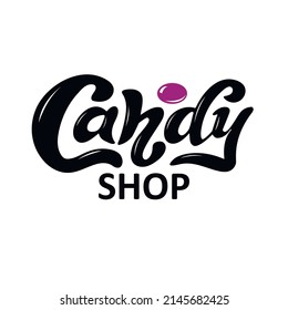 Candy shop, hand lettering logotype. Black letters on the white background with a lilac candy over. Digital lettering for package candy  shop advertising printing. Vector illustration.