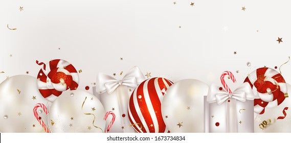 Candy shop horizontal banner. Colorful background with balloons, candy spiral canes, sweets, lollipops, gift boxes. Birthday poster for events, anniversary, social network cover.Vector.