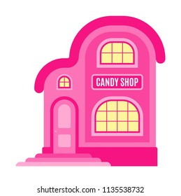 Candy shop icon, market, symbol, store. The facade of the building in cartoon  style. Sign of the house is pink color. Flat style image. Vector illustration isolated on white background.
