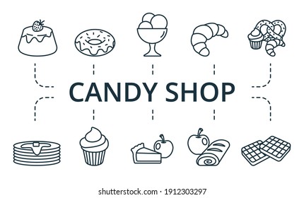 Candy Shop Icon Set. Die Sammlung enthält Apfel, Strudel, Pfannkuchen, Ofen, Sack, Bäckerei und über Symbole. Set für Kerzenmacherelemente.