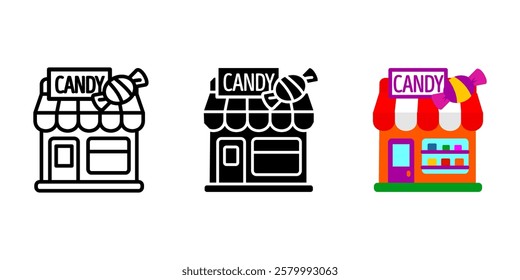 Candy shop icon. Sweets store with lollipop sign. Confectionery market with treats symbol. Dessert building facade pictogram. Cartoon caramel shop illustration.