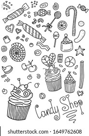 Candy shop icons. Doodle candy set. Collection of candies, lollipops, cupcakes, sweets and desserts isolated on white background. Hand drawn background. Vector illustrations.