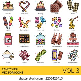 Candy Shop Icons including Biscuit, Bonbon, Butterscotch, Cake, Candy Bar, buttons, Cane, Coated Popcorn, Corn, Flavor, Jar, Machine, Shop, Sprinkles