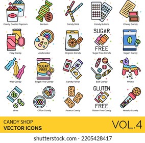 Candy Shop Icons including Biscuit, Bonbon, Butterscotch, Cake, Candy Bar, buttons, Cane, Coated Popcorn, Corn, Flavor, Jar, Machine, Shop, Sprinkles