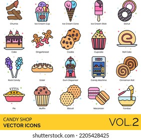 Candy Shop Icons including Biscuit, Bonbon, Butterscotch, Cake, Candy Bar, buttons, Cane, Coated Popcorn, Corn, Flavor, Jar, Machine, Shop, Sprinkles