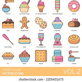Candy Shop Icons Including Biscuit, Bonbon, Bulk, Butterscotch, Cake, Bar, Buttons, Cane, Coated Popcorn, Corn, Flavor, Jar, Machine, Shop