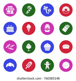 Candy Shop Icons. White Flat Design In Circle. Vector Illustration. 