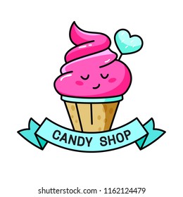 Candy shop illustration with cute cupcake, vector pattern for app, web, mobile, logo, infographics, visualizations, postcards, T-shirt printing, banner, poster, promotion, advertising signboard