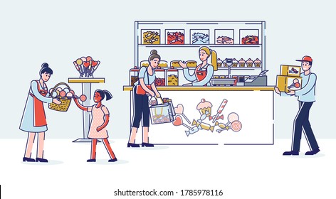 Candy shop interior with sellers and buyers buying sweets. Tasty treats for children and adults. Cartoon characters working and shopping in confectionary store. Linear vector illustration