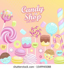 Candy shop inviting banner. Isolated sweets -candy,macaroon,candy cane,lollipop,caramel,marmalade.Template for confectionery,sweet shops and poster,advertise for candyshops. Vector illustration