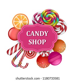 Candy shop label concept banner. Realistic illustration of candy shop label vector concept banner for web design