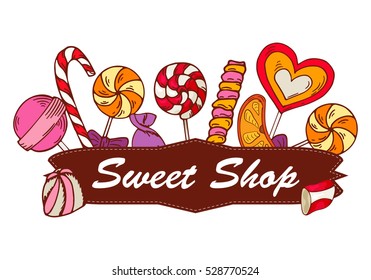 Candy shop label. Vector frame with sweets elements. Design with lollipop, gum, nicy