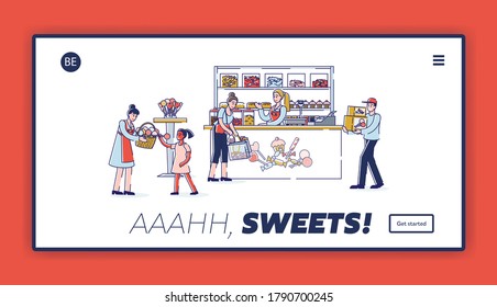 Candy shop landing page with bakery store interior, sellers and buyers buying sweets. Cartoon characters working and shopping in confectionary store. Linear vector illustration