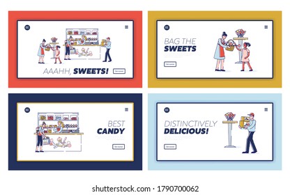 Candy shop landing pages set with adults and children buying tasty sweets. Bakery confectionary store website for online shopping concept. Template linear vector illustration