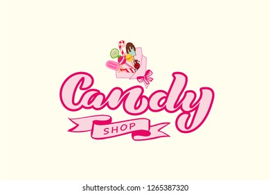 Candy Shop lettering logotype. Decorative ribbon and bouquet of candies. Vector illustration for candy shop, reastaurants, cafe, menu, signboard, advertising, promotion, banner.