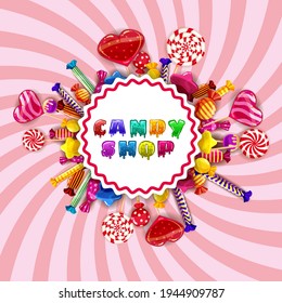 Candy Shop logo lable poster. Template background with colorful sweets lollipops, caramel, hearts, spirals. Vector illustration