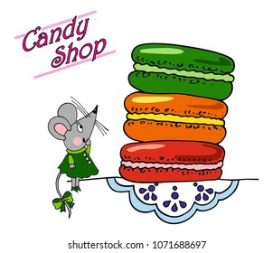 Candy shop logo with mouse and macarons. Colored vector, for logo, card or gift. 