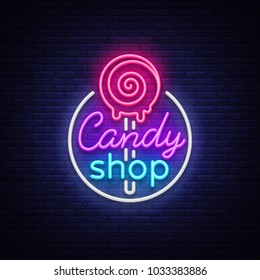 Candy Shop Logo In Neon Style. Store Sweets Neon Sign, Banner Light, Bright Neon Night Sweets Advertising. Design Template For Your Projects. Vector Illustration