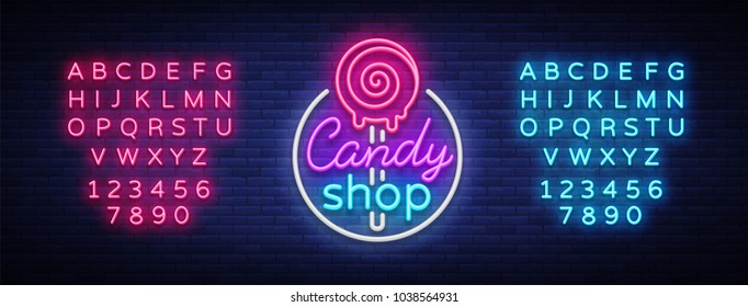 Candy shop logo in neon style. Store sweets neon sign, banner light, bright neon night sweets advertising. Design template for your projects. Vector illustration. Editing text neon sign