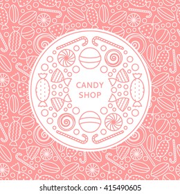 Candy shop logo and seamless patterns with candies in trendy linear style. Background with pink candy icons in trendy linear style. Vector illustration.