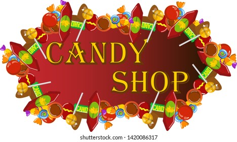 Candy shop logo for your store. In the form of a polygon with candy. Vector graphics.