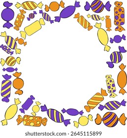 Candy shop lollipops colorful sweets Frame circle round template. Vector graphic line ink illustration. For poster, flyer, banner, invitation, social media, party or sale
