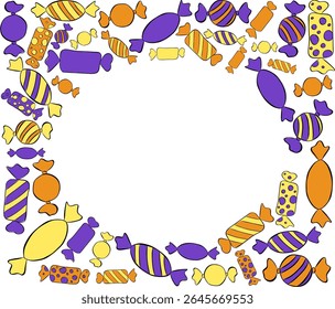 Candy shop lollipops colorful sweets  oval in rectangle Frame template. Vector graphic line ink illustration. For poster, flyer, banner, invitation, social media, party or sale
