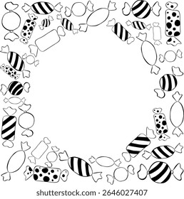 Candy shop lollipops colorful sweets black and white Frame circle round template. Vector graphic line ink illustration. For poster, flyer, banner, invitation, social media, party or sale
