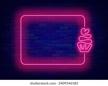Candy shop neon advertising. Romantic dinner. Continuous one line drawing. Sweet cupcake symbol and empty pink border. Happy Valentines day. Copy space. Editing text. Vector stock illustration