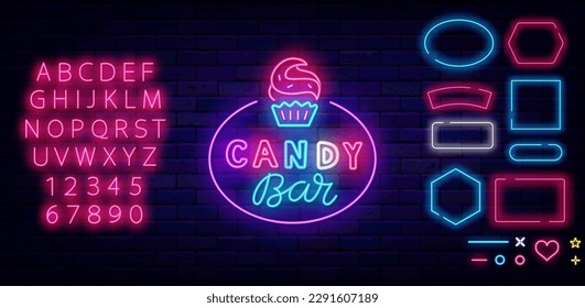 Candy shop etiqueta de neón con cupake. Lotipo de barra dulce. Texto escrito a mano. Colección Frames. Emblema brillante en la pared de ladrillo. Alfabeto rosado. Diseño de pancartas claras. Ilustración de material vectorial