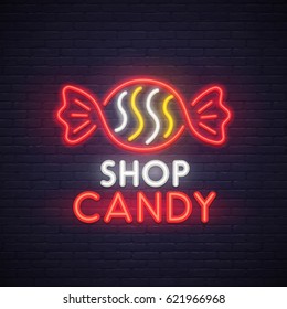Candy shop neon sign, bright signboard, light banner.
