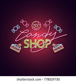 Candy Shop Neon Sign. Neon Sign, Bright Signboard, Light Banner. Vector Icon