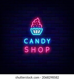 Candy shop neon signboard. Cupcake icon. Bakery logo. Luminous label. Outer glowing effect banner. Night bright emblem. Editable stroke. Isolated vector stock illustration