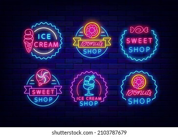 Candy shop neon signboard with icons. Circle badge for cafe. Sign collection. Light advertising. Sweet store logo set. Bakery emblem. Night bright item. Vector stock illustration