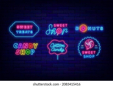 Candy shop neon signboard text. Sign collection. Sweet store logo set. Cotton candy lettering. Bakery emblem. Night bright design on brick wall. Luminous label. Vector stock illustration