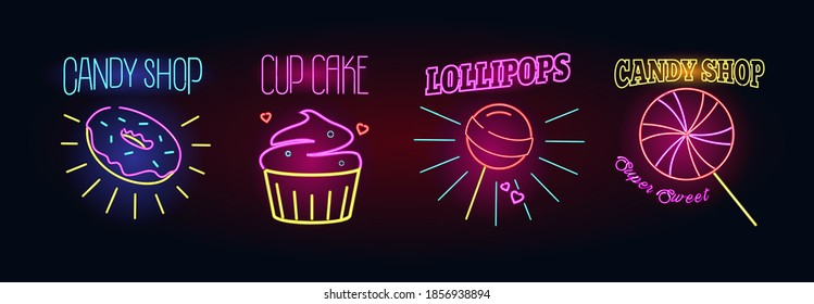Candy shop neon signs. Light shining symbols. Sweets, lollipops candy, cupcake glowing logos and  bright neon badges. Vector illustration