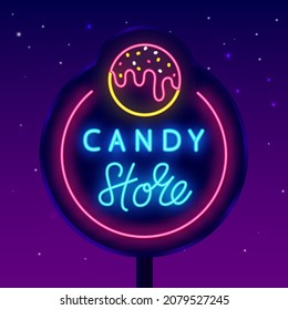 Candy Shop Neon Street Billboard. Cake Pop With Sprinkles Shiny Icon. American Tasty Ball. Sweet Store Logo. Night Bright Trendy Sign. Vector Stock Illustration