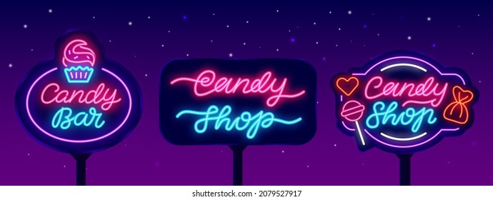 Colección de carteles de neon street en la tienda de dulces. Juego de emblemas de la barra dulce. Almacenar el logotipo con letras. Publicidad ligera. Tarjeta de felicitación. Señal de luz nocturna sobre fondo de pared de ladrillo. Ilustración de material vectorial