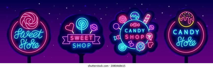 Colección de carteles de neon street en la tienda de dulces. Mercado de la pop. Emblema de panadería pop de pasteles. Juego de insignias de bar dulce. Logo de la tienda. Publicidad ligera. Señal de luz nocturna. Ilustración de material vectorial