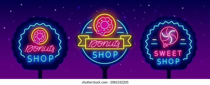 Candy shop neon street billboards collection. Donut bakery emblem. Sweet bar badge set. Store logo. Light advertising. Night bright sign. Vector stock illustration

