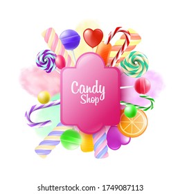 Candy shop and pastry banner template with colorful sweets and lollipops, realistic vector illustration isolated on white background. Sweetmeats and candies store.