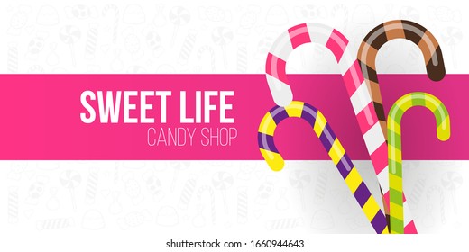 Candy Shop pink banner with sweets on the hand draw doodle background