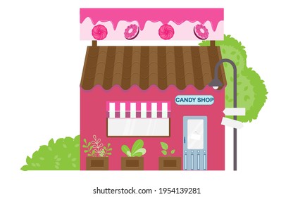 Candy shop in a pink color. Flat design vector illustration of small business concept. Lollipops boutique.Cute desserts.