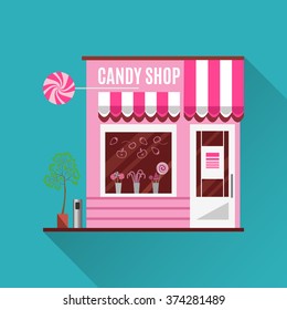 Candy shop in a pink color. Flat design vector illustration of small business concept.Tasty candies in a shop window. Lollipops boutique. Stylish sweets shop. Confectionery shop. Cute desserts.