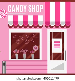 Candy shop in a pink color. Flat design vector illustration of small business concept.Tasty candies in a store window. Lollipops boutique. Stylish sweets outlet. Confectionery retail. Cute desserts.