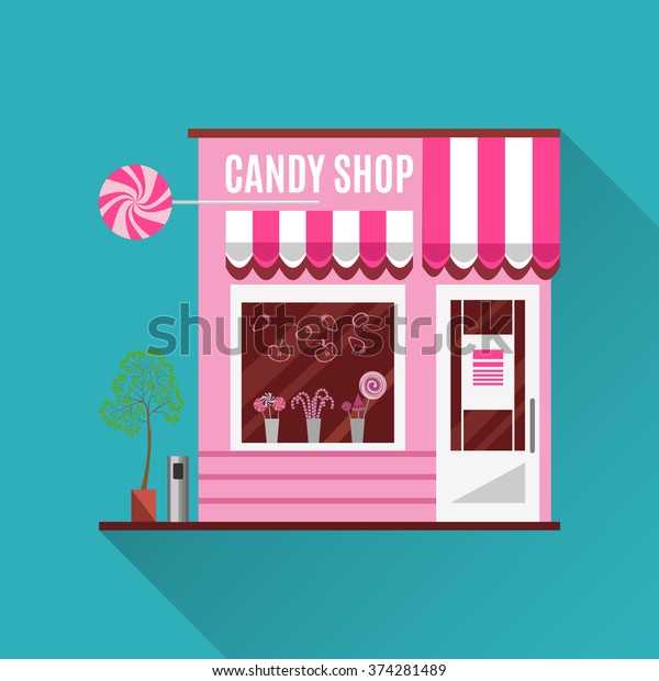 ピンクの色のお菓子屋さん スモールビジネスのコンセプトを表現したフラットなデザインベクターイラスト おいしいお菓子 はショップウィンドウに入っています ロリポップスブティック おしゃれなお菓子屋さん お菓子屋さん かわいいデザート のベクター画像素材