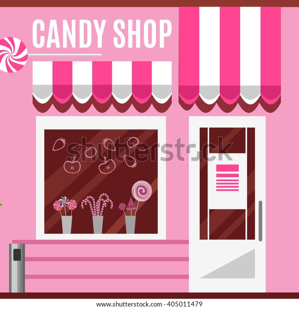 ピンクの色のお菓子屋さん 中小企業のコンセプトを表現したフラットなデザインベクターイラスト おいしいお菓子 は店のウィンドウに入っています ロリポップスブティック おしゃれなスイーツ店 菓子小売り かわいいデザート のベクター画像素材 ロイヤリティ