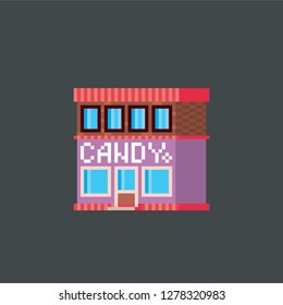 Candy shop. Pixel art. Old school computer graphic. 8 bit video game. Game assets 8-bit sprite. 16-bit.