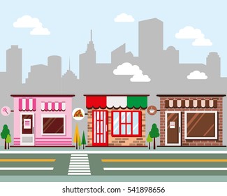 Candy shop, pizzeria and coffee bar illustration. Modern colorful vector graphic. Flat style.